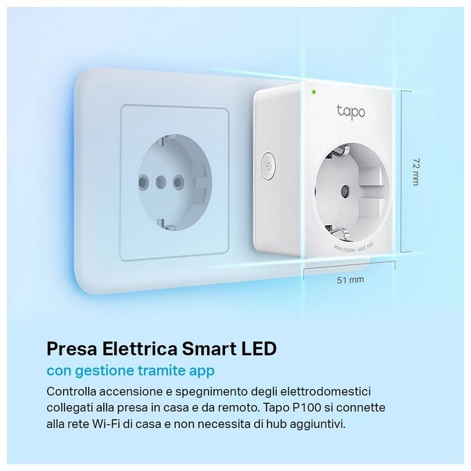 TP-Link Presa Intelligente WiFi Smart Plug, Compatibile con Alexa e Google Home, Controllo Remoto tramite APP Tapo, 10A, 2300W (Tapo P100)