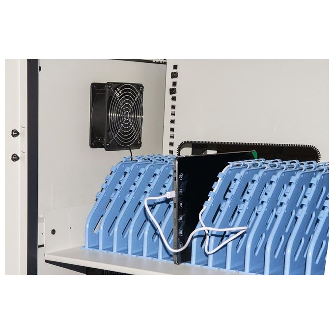 Link armadio alloggiamento 30 tablet con ruote multiprese incluse ventole di raffreddamento porta in acciaio traforata colore grigio nero