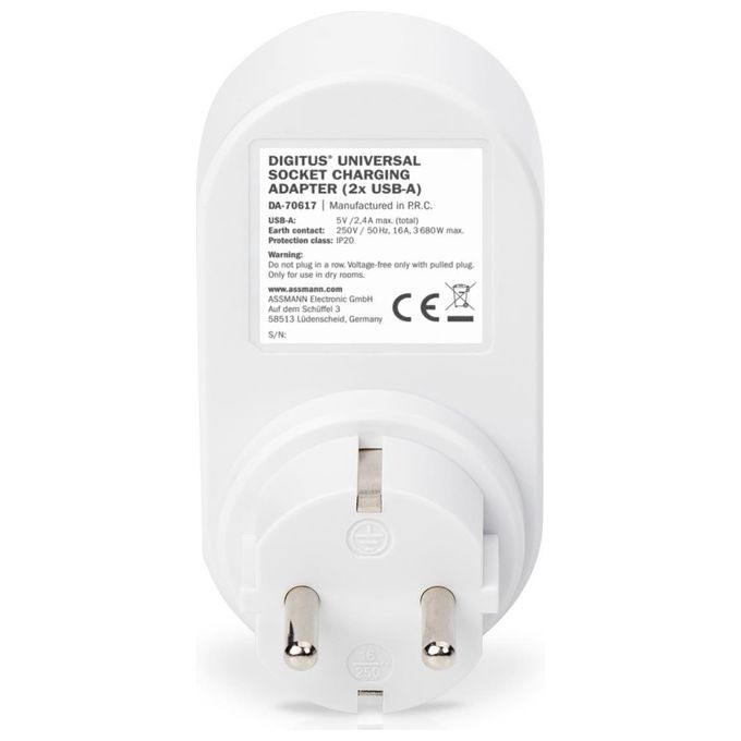 Digitus Presa a Muro Spina e Presa Schuko con 2 Prese Usb Tipo ''A'' Femmina