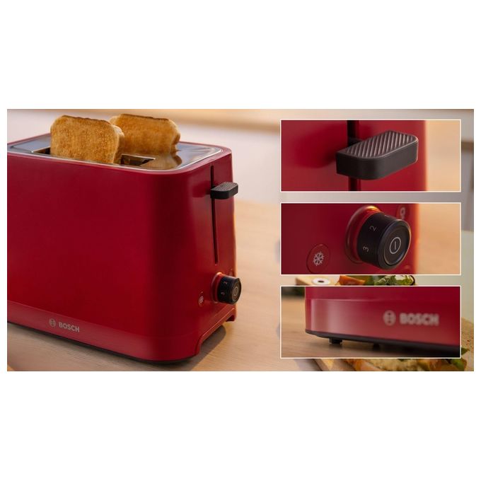Bosch TAT3M124 MyMoment Tostapane Compatto 2 Fette 950 W con Funzione Scongelamento e Riscaldamento colore Rosso
