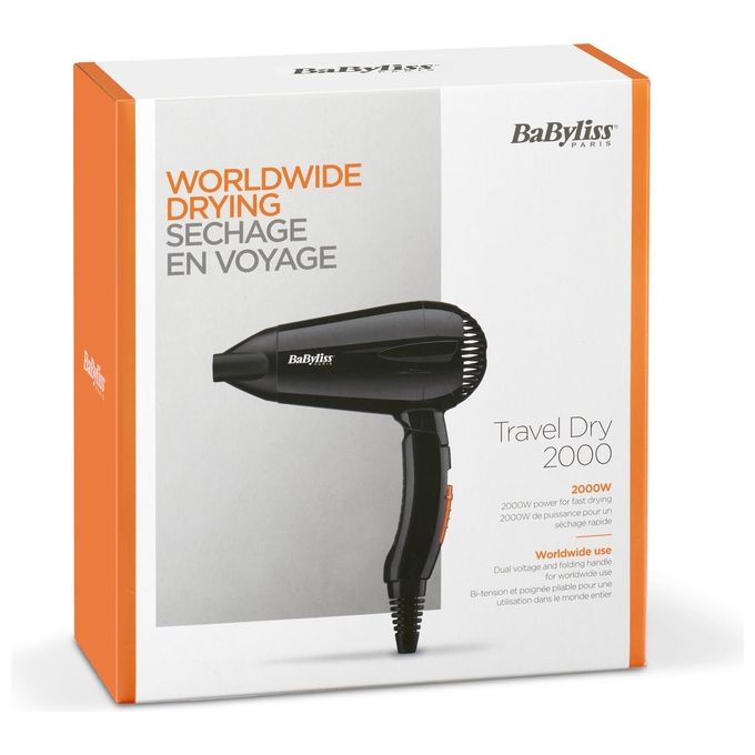 Babyliss 5344E Asciugacapelli da Viaggio 2000W Leggero e Compatto con Manico Pieghevole Doppio Voltaggio Nero