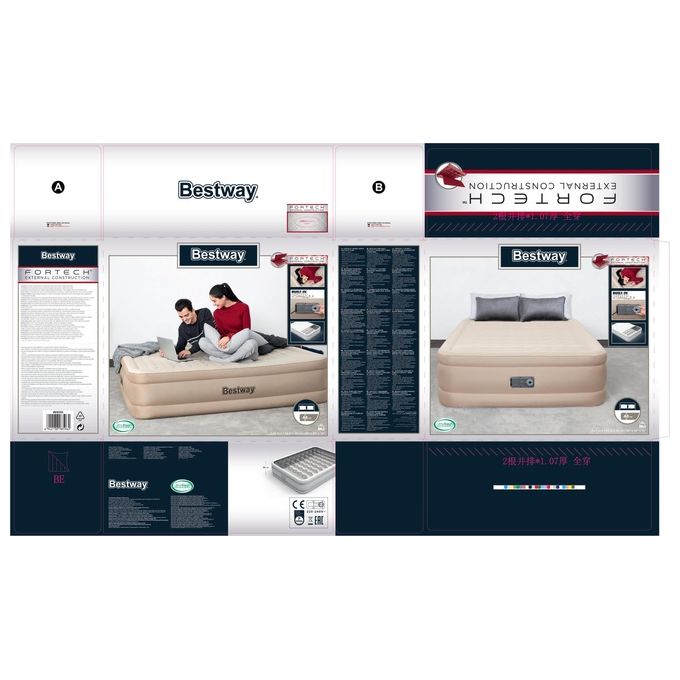 Bestway 69050 Fortech Materasso Gonfiabile Matrimoniale con Pompa Integrata 203x152x46 cm 350 Kg colore Beige