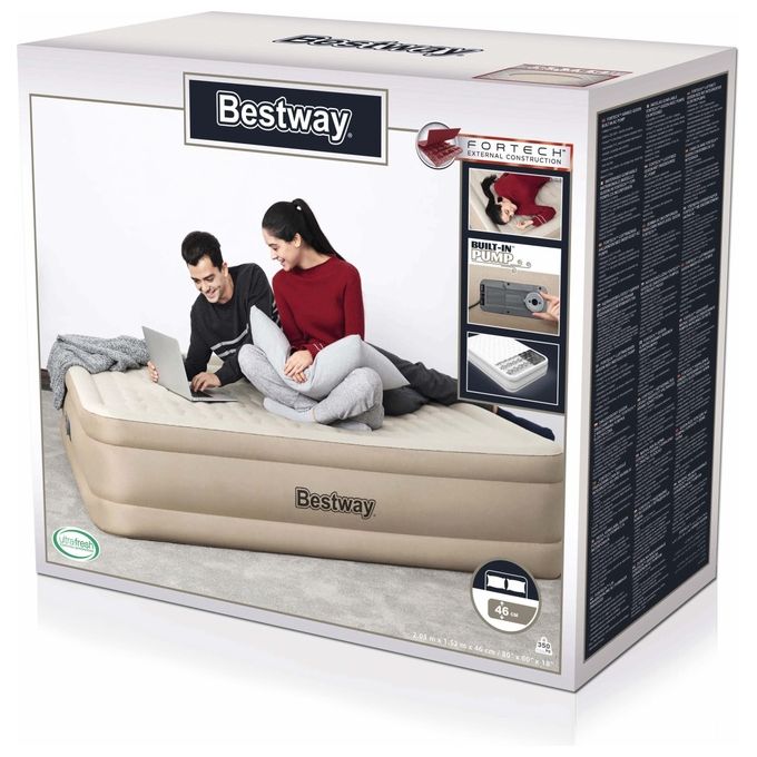 Bestway 69050 Fortech Materasso Gonfiabile Matrimoniale con Pompa Integrata 203x152x46 cm 350 Kg colore Beige