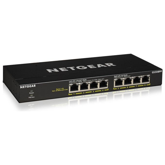 Netgear GS308PP Switch Non Gestito 8 Porte Gigabit Ethernet PoE+ 130 W Montaggio Rack e Parete colore Nero