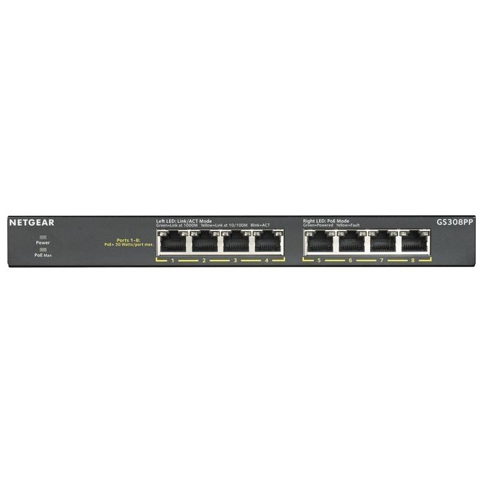 Netgear GS308PP Switch Non Gestito 8 Porte Gigabit Ethernet PoE+ 130 W Montaggio Rack e Parete colore Nero
