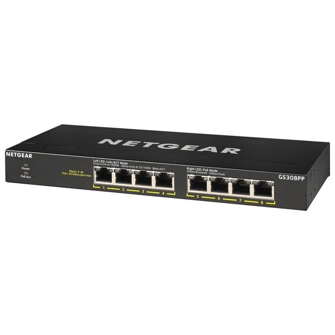 Netgear GS308PP Switch Non Gestito 8 Porte Gigabit Ethernet PoE+ 130 W Montaggio Rack e Parete colore Nero
