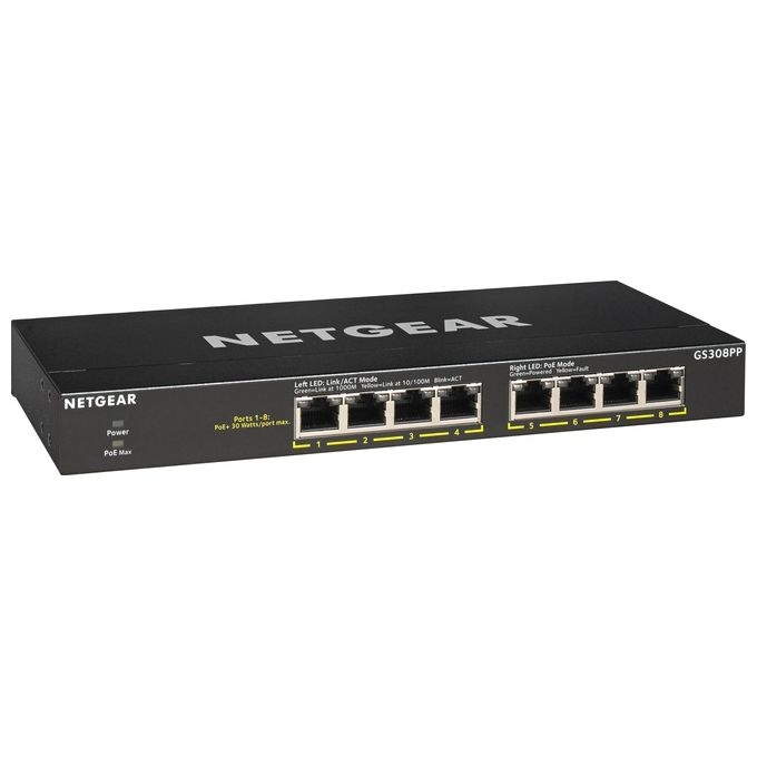 Netgear GS308PP Switch Non Gestito 8 Porte Gigabit Ethernet PoE+ 130 W Montaggio Rack e Parete colore Nero