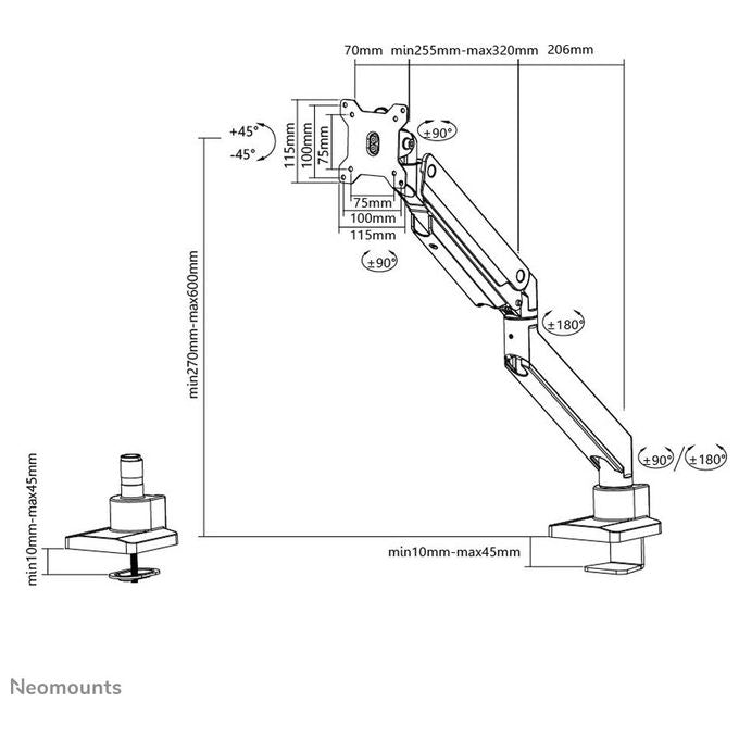 Neomounts NM-D775BLACKPLUS Braccio per Monitor 10-49'' con Molla a Gas Regolabile in Altezza e Rotazione 360° colore Nero