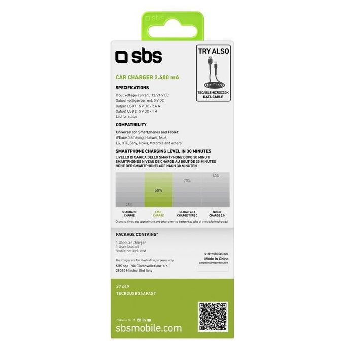 Sbs Caricabatterie da Auto con 2 Uscite Usb