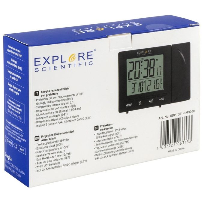 Explore Scientific RDP1001CM3000 Sveglia Digitale Radiocontrollata con Proiezione Ora Temperatura Interna Doppio Allarme Snooze colore Nero