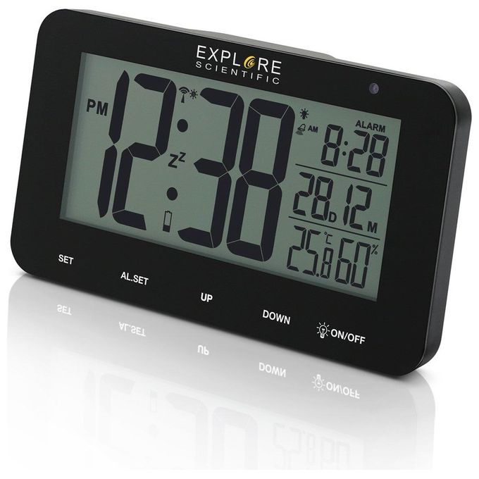 Explore Scientific RDC1004BLK Sveglia Digitale Radiocontrollata LCD con Temperatura Umidita' Snooze Calendario colore Nero