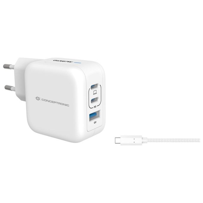 Conceptronic ALTHEA17W Caricatore USB GaN 67W con Power Delivery 3.0 Quick Charge 3.0 PPS 2 Porte USB-C 1 USB-A Cavo Incluso colore Bianco