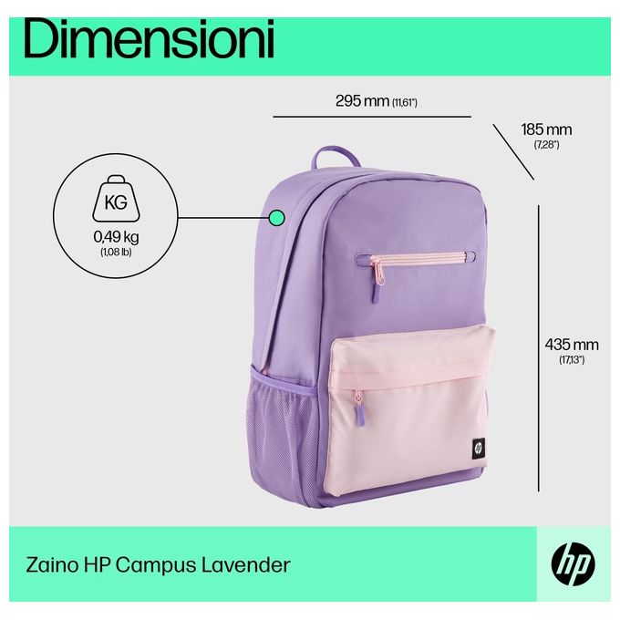 HP S7793129 Campus Zaino per Notebook 15.6'' 17L Impermeabile Materiale Riciclato colore Lavanda