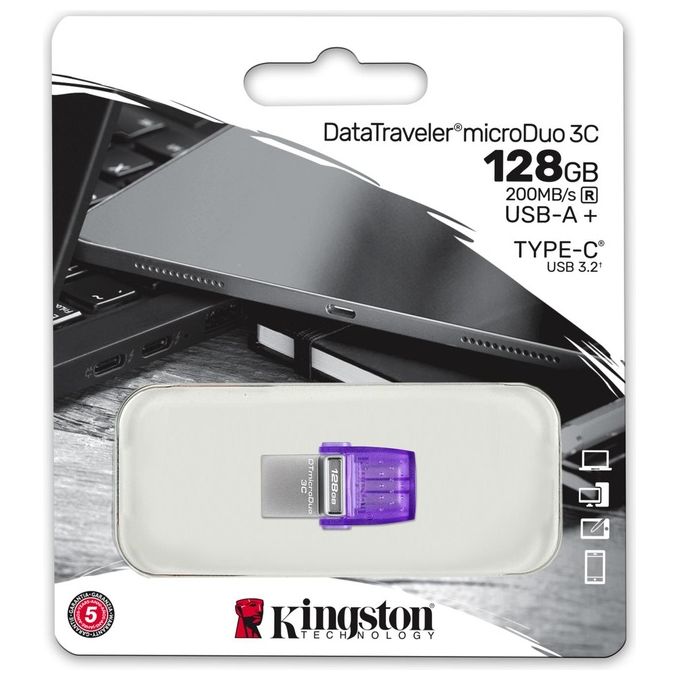 Kingston Technology DataTraveler MicroDuo 3C Chiavetta USB 128Gb Acciaio Inossidabile-Porpora