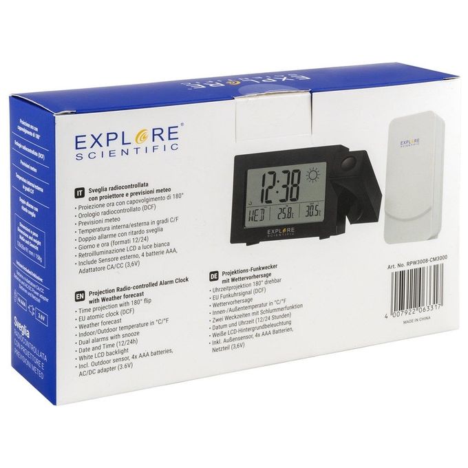 Explore Orologio Sveglia Rpw-3008 Radiocontrollato Barometro Proiezione Temperatura Nero