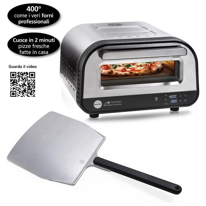 Macom 884 Just Kitchen Forno per Pizza Elettrico Pietra Refrattaria 32 cm 1700W 400°C Timer Digitale colore Nero Inox