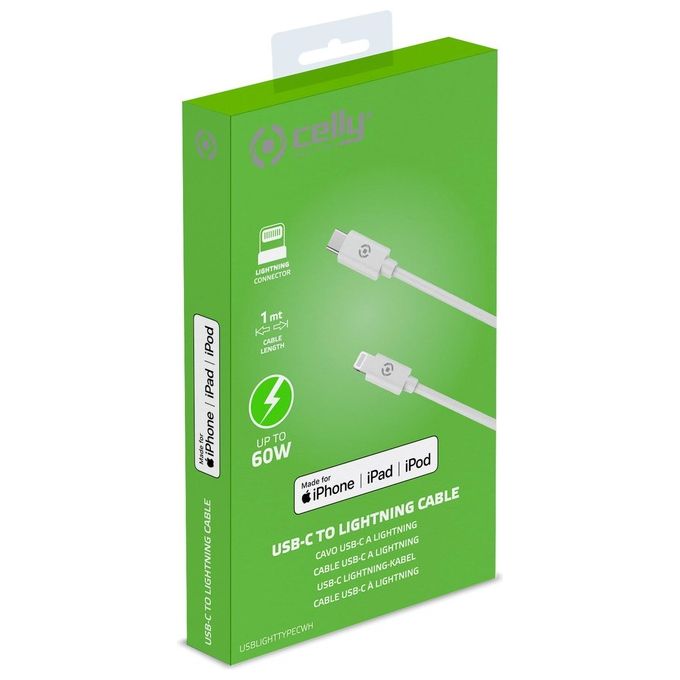 Celly Cavo Lightning a Type-C Bianco in PVC per caricare e sincronizzare il dispositivo tramite la porta Tipo-C del computer o del caricatore