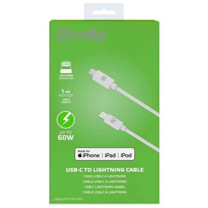 Celly Cavo Lightning a Type-C Bianco in PVC per caricare e sincronizzare il dispositivo tramite la porta Tipo-C del computer o del caricatore