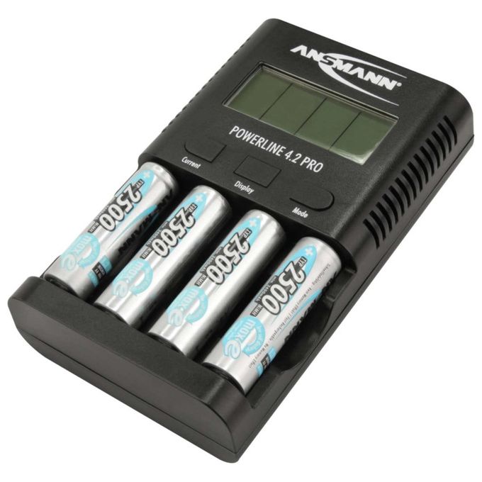 Ansmann 1001-0079 Powerline 4.2 Pro Caricabatterie Universale per 4 Batterie AA AAA NiMH con Display LCD e Carica Rapida fino a 1800 mA colore Nero