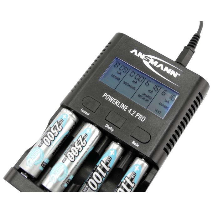 Ansmann 1001-0079 Powerline 4.2 Pro Caricabatterie Universale per 4 Batterie AA AAA NiMH con Display LCD e Carica Rapida fino a 1800 mA colore Nero