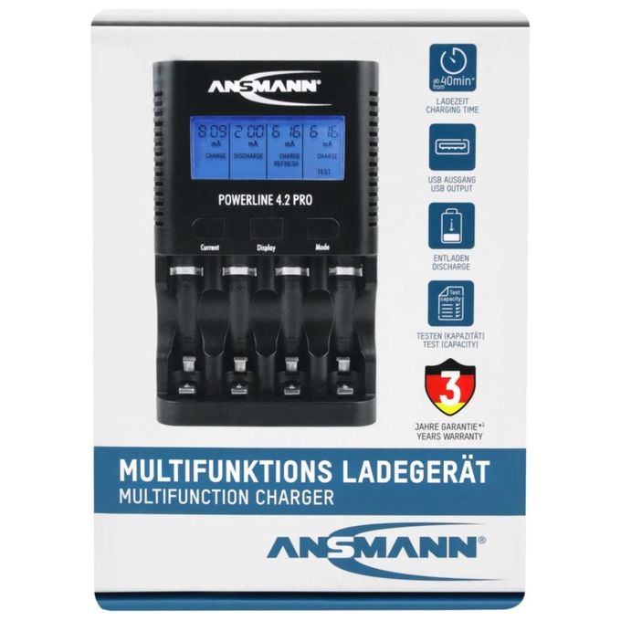 Ansmann 1001-0079 Powerline 4.2 Pro Caricabatterie Universale per 4 Batterie AA AAA NiMH con Display LCD e Carica Rapida fino a 1800 mA colore Nero