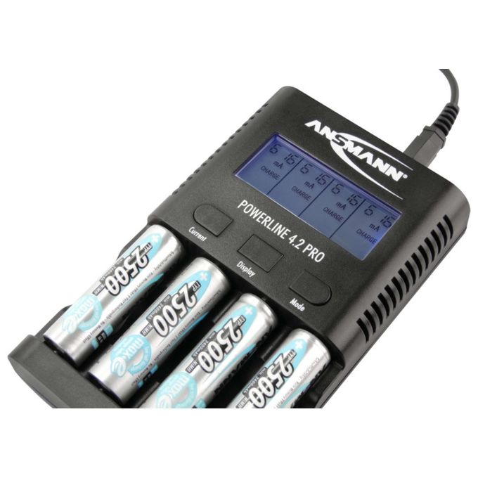 Ansmann 1001-0079 Powerline 4.2 Pro Caricabatterie Universale per 4 Batterie AA AAA NiMH con Display LCD e Carica Rapida fino a 1800 mA colore Nero