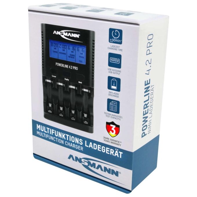 Ansmann 1001-0079 Powerline 4.2 Pro Caricabatterie Universale per 4 Batterie AA AAA NiMH con Display LCD e Carica Rapida fino a 1800 mA colore Nero