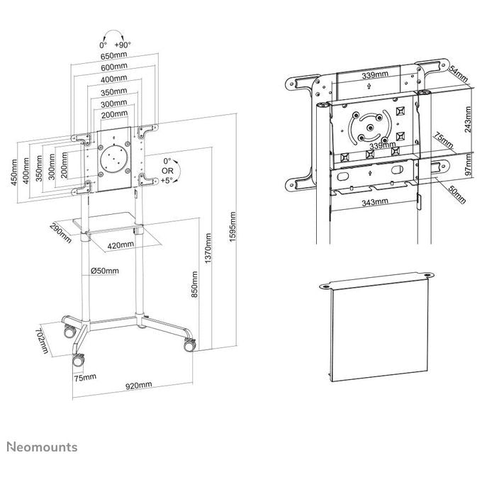 Neomounts NS-M1250BLACK Carrello TV 37-70'' Rotazione 90° Inclinazione Regolabile 4 Ruote con Freno Mensola Integrata VESA 200x200-600x400 mm Peso Max 70 Kg colore Nero