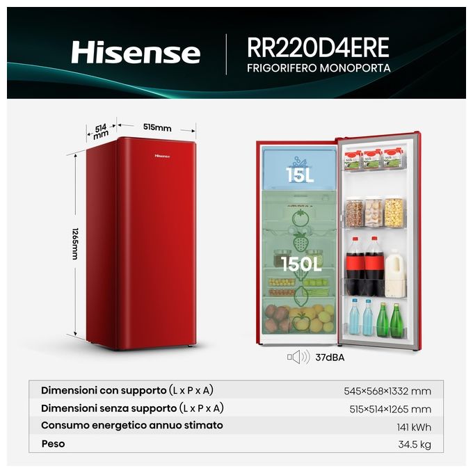 Hisense RR220D4ERE Frigorifero Monoporta 165 L 126.5 cm Classe E 37 dB Congelatore 4 Stelle LED colore Rosso