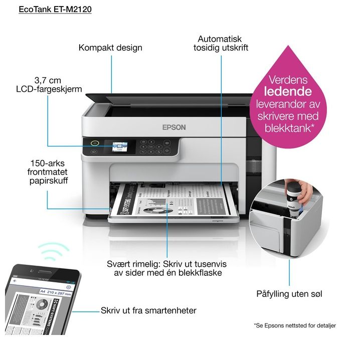 Epson ET-M2120 EcoTank Stampante Multifunzione Inkjet Monocromatica A4 Wi-Fi 32 ppm 1440x720 DPI LCD colore Nero