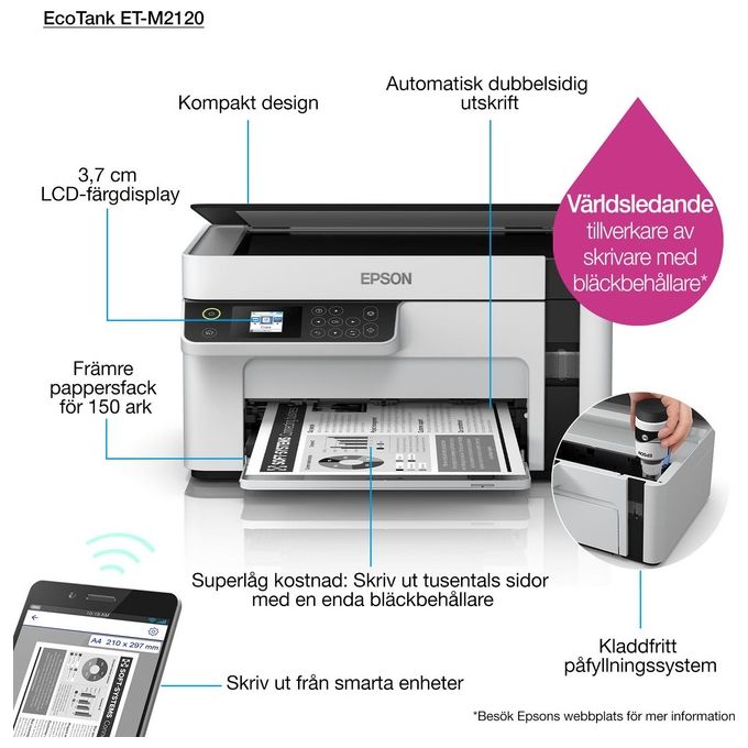 Epson ET-M2120 EcoTank Stampante Multifunzione Inkjet Monocromatica A4 Wi-Fi 32 ppm 1440x720 DPI LCD colore Nero
