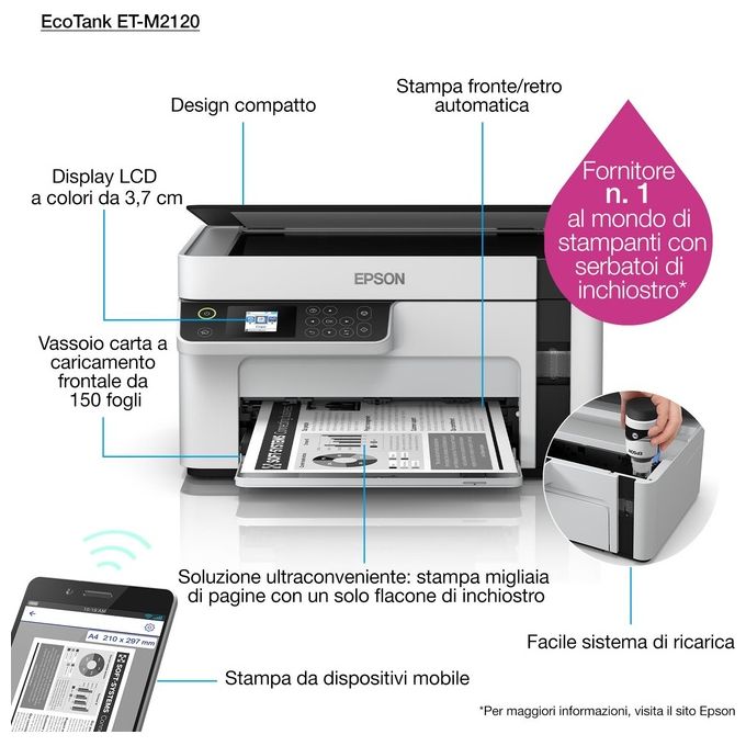 Epson ET-M2120 EcoTank Stampante Multifunzione Inkjet Monocromatica A4 Wi-Fi 32 ppm 1440x720 DPI LCD colore Nero