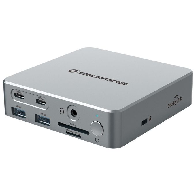 Conceptronic DONN25G Docking Station 15 in 1 con DisplayLink USB 3.2 Gen 2 Tripla Uscita Video 4K60Hz 2 HDMI 1 DisplayPort 2 USB-C 10 Gbps 2 USB-A 10 Gbps 2 USB-A 5 Gbps Lettore SD MicroSD Ethernet Gigabit Alimentazione USB PD 100W colore Argento