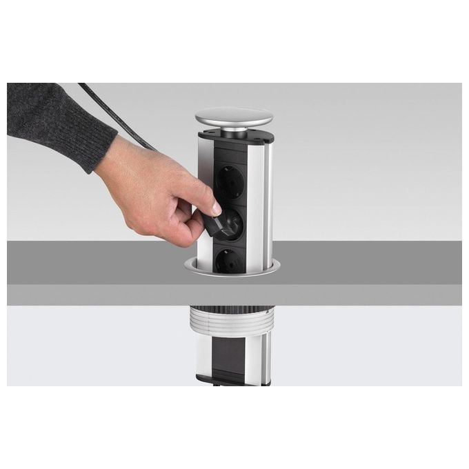 EVOline 1593 1002 1600 Port Torretta da Incasso a Scomparsa 3 Prese Schuko 16A Cavo 3 m colore Nero Acciaio Inox