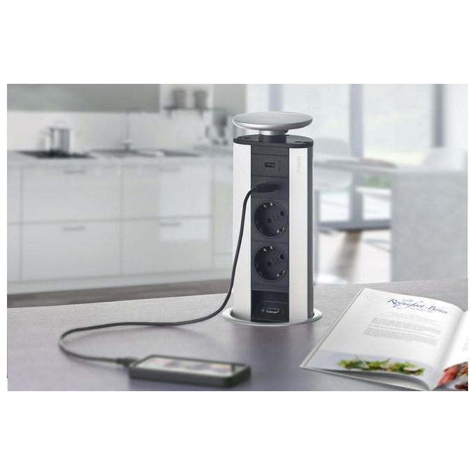 EVOline 1593 1002 1600 Port Torretta da Incasso a Scomparsa 3 Prese Schuko 16A Cavo 3 m colore Nero Acciaio Inox