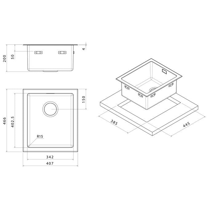Apell LNR34SFR Serie Radius Lavello Acciaio Spazzolato da Incasso 1 vasca bordo 4mm 40,7x50cm
