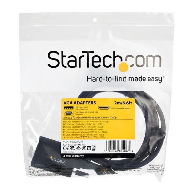 StarTech.com VGA2HDMM2M Cavo adattatore convertitore da VGA a HDMI 2 m 1080p USB alimentato con audio supporto 7.1 canali colore Nero