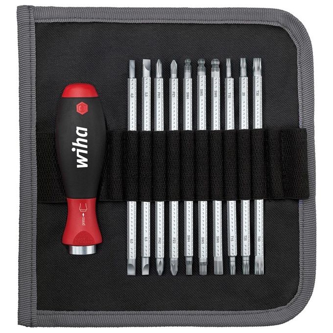 Wiha 281T11 SYSTEM 6 Set di Giravite con Lame di Ricambio 12 Pezzi SoftFinish Telescopico con Borsa Avvolgibile