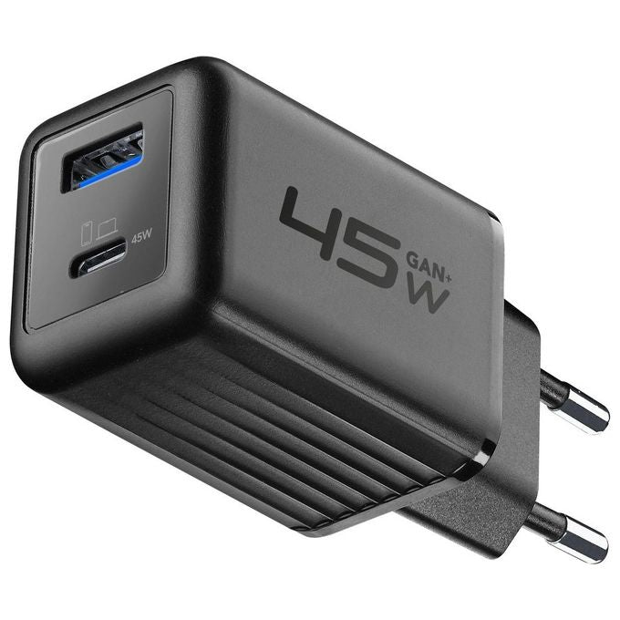Cellularline ACHUSBGAN2PD45WK Multipower Micro Caricabatterie da Rete 45W 2 Porte USB GaN Super Fast Charging colore Nero