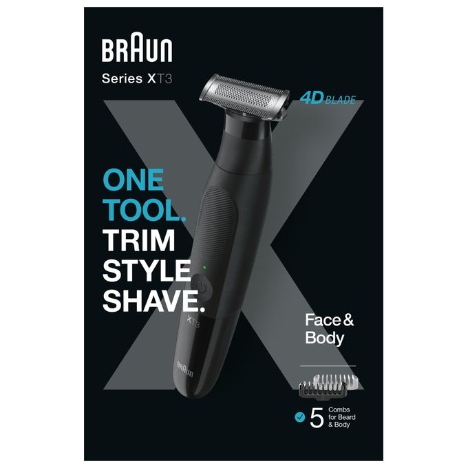 Braun XT3200 Series X Regolabarba e Rasoio Elettrico Multifunzione Lama 4D in Acciaio Inossidabile Testina Flessibile Oscillante Protezione SkinShield Autonomia 45 min Impermeabile al 100% colore Nero