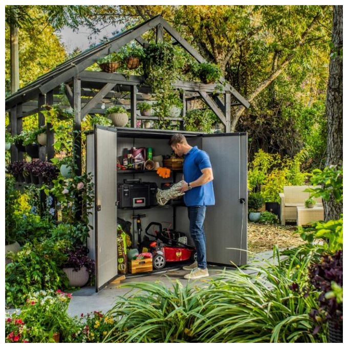 Keter K246241 High Store Plus Armadio Porta Attrezzi da Giardino in Resina DUOTECH 1400 L 2 Mensole colore Grigio