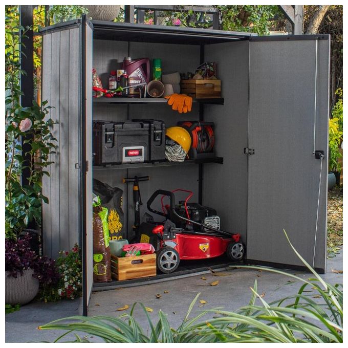 Keter K246241 High Store Plus Armadio Porta Attrezzi da Giardino in Resina DUOTECH 1400 L 2 Mensole colore Grigio