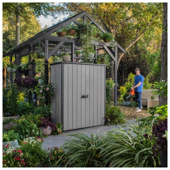Keter K246241 High Store Plus Armadio Porta Attrezzi da Giardino in Resina DUOTECH 1400 L 2 Mensole colore Grigio