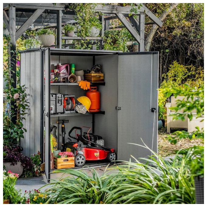 Keter K246241 High Store Plus Armadio Porta Attrezzi da Giardino in Resina DUOTECH 1400 L 2 Mensole colore Grigio