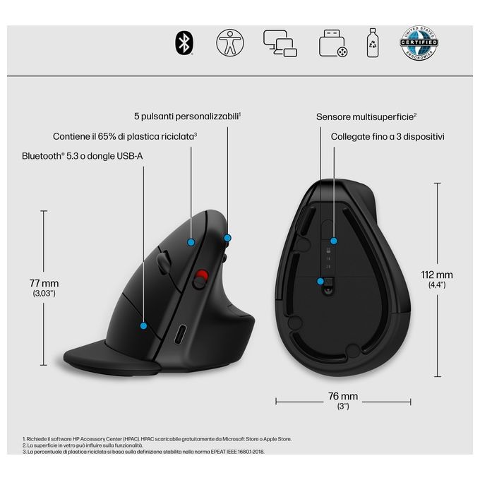 HP 6H1A5AA 925 Mouse Ergonomico Verticale Wireless RF Bluetooth 4000 DPI 6 Tasti Ricaricabile USB Type-C colore Nero