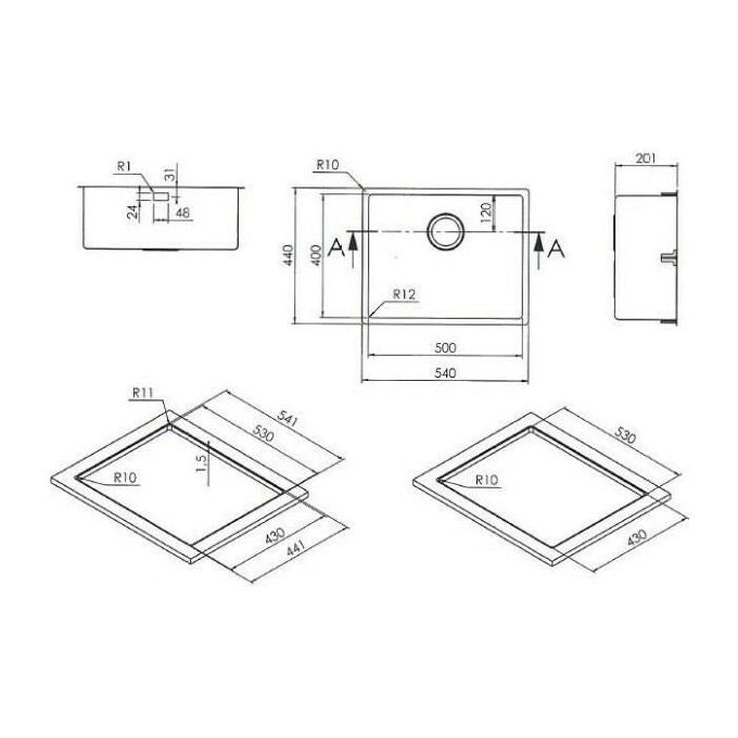 Apell LNR38FSFR Radius R12 Lavello Monovasca Acciaio Inox 540x440x201 mm con Installazione Incasso Filotop Sottotop colore Acciaio