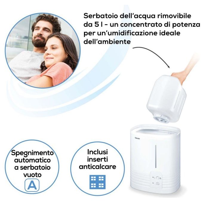 Beurer 686.05 LB 55 Umidificatore a Vapore Caldo per Ambienti fino a 50 m² con 2 Livelli di Umidificazione 400 ml-h e Spegnimento Automatico colore Bianco