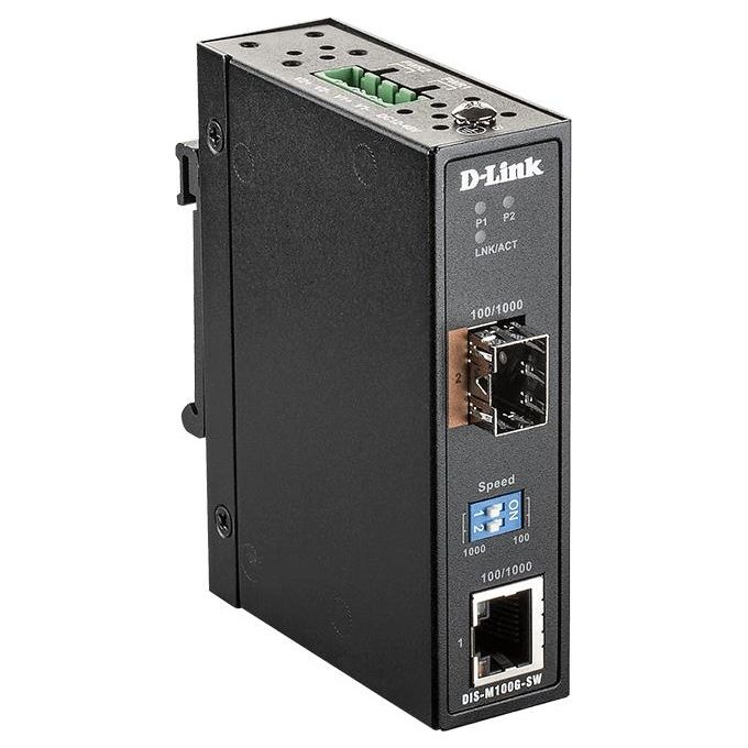 D-Link DIS-M100G-SW Convertitore Multimediale Industriale Gigabit Ethernet SFP 4000 Mbit-s Modalita' Multipla Singola Alimentazione 12-48 V DC Montaggio su Guida DIN o Parete colore Nero