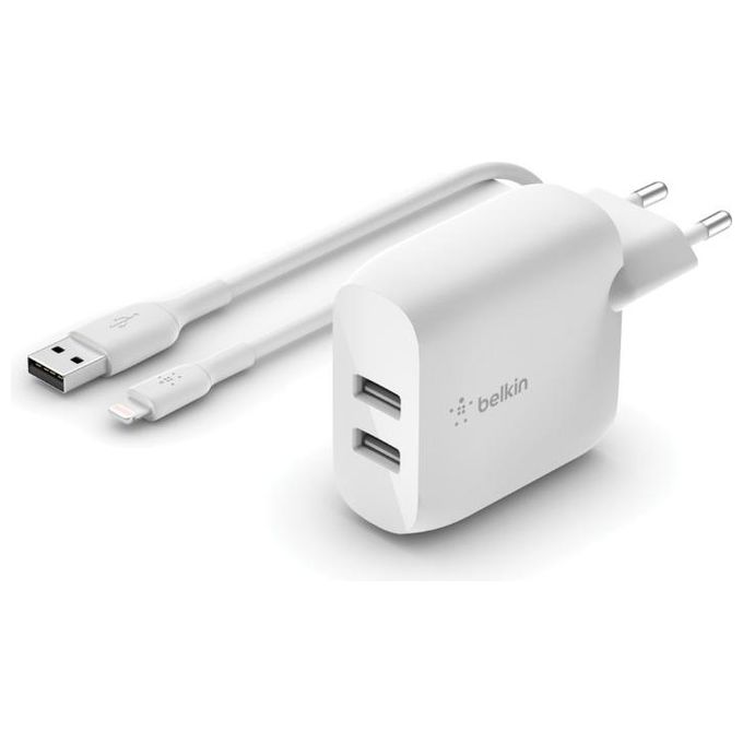 Belkin WCD001VF1MWH Boost Charge Caricabatteria da Parete Doppio USB-A 24W 2 Porte 12W per Porta con Cavo USB-A Lightning 1m colore Bianco