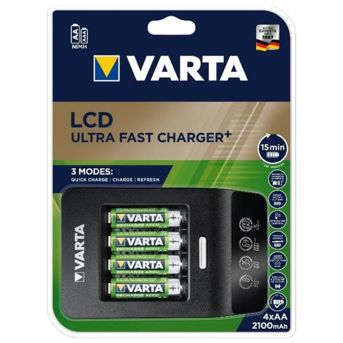 Varta LCD Ultra Fast Charger+ con 4 Batterie 2100mAh AA + 12V